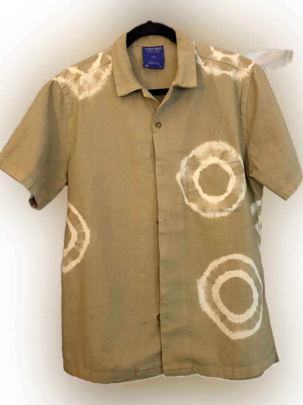 Olive Short-Sleeve Button-Up with White Tie-Dye Circles